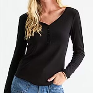 a.n.a Black Long Sleeve Women's Thermal Henley Tee